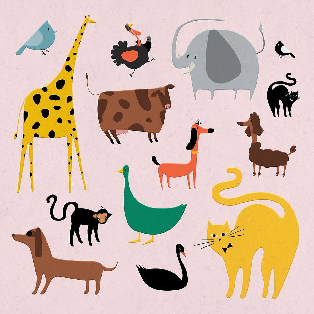 Flat illustration psd large set of cute domesticated animals