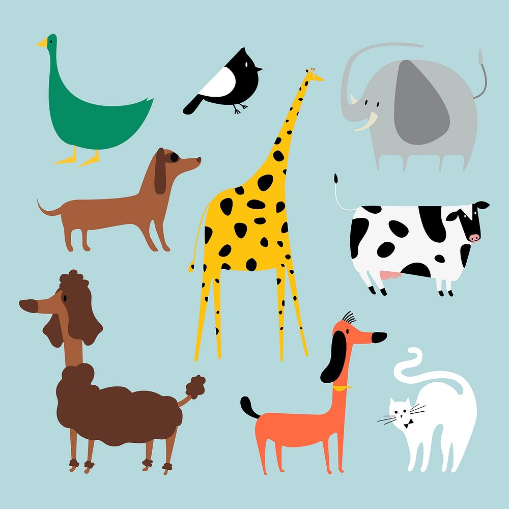 Flat animal illustration vector of 9 cute animals