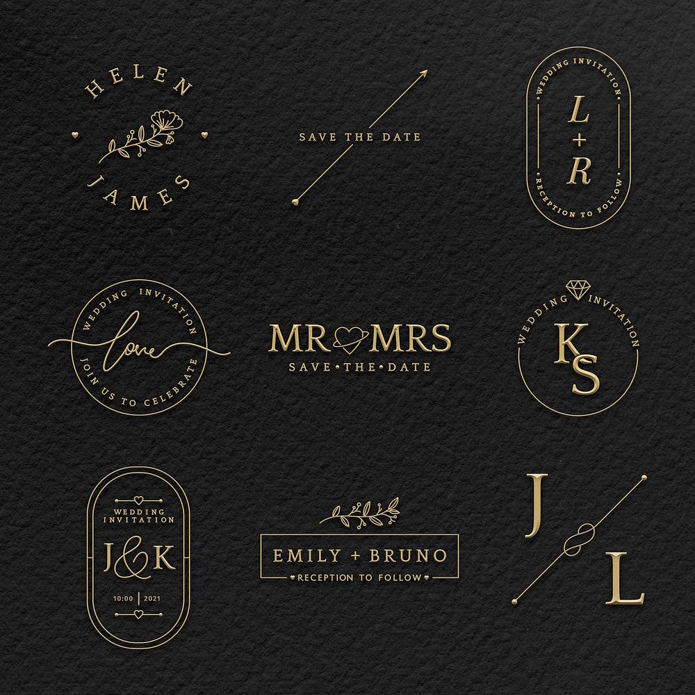 Luxury wedding invitation badges psd in metallic gold pack
