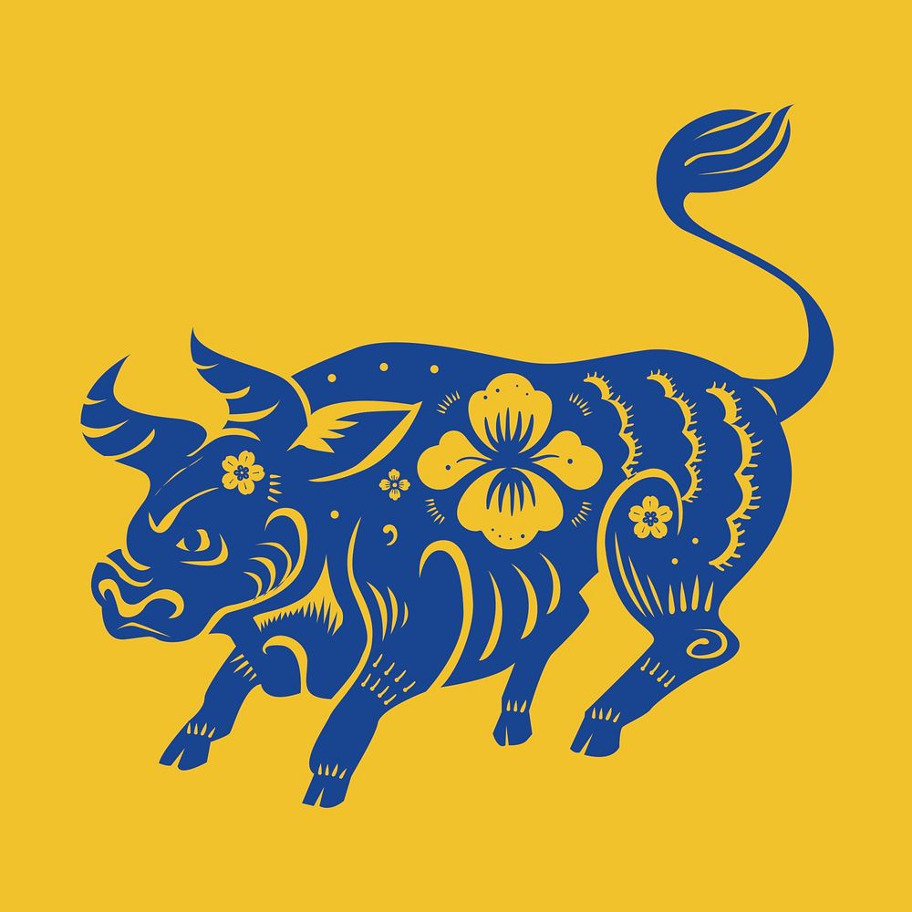 Year of ox  blue Chinese horoscope animal illustration