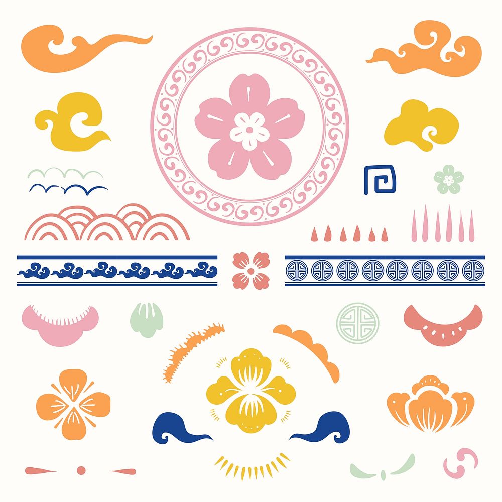 Colorful Chinese traditional flowers vector type temporary tattoos set