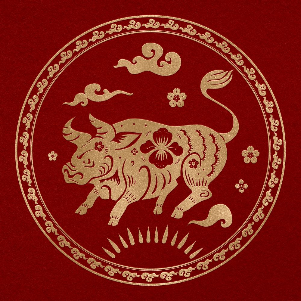 Year of ox badge psd gold Chinese horoscope zodiac animal