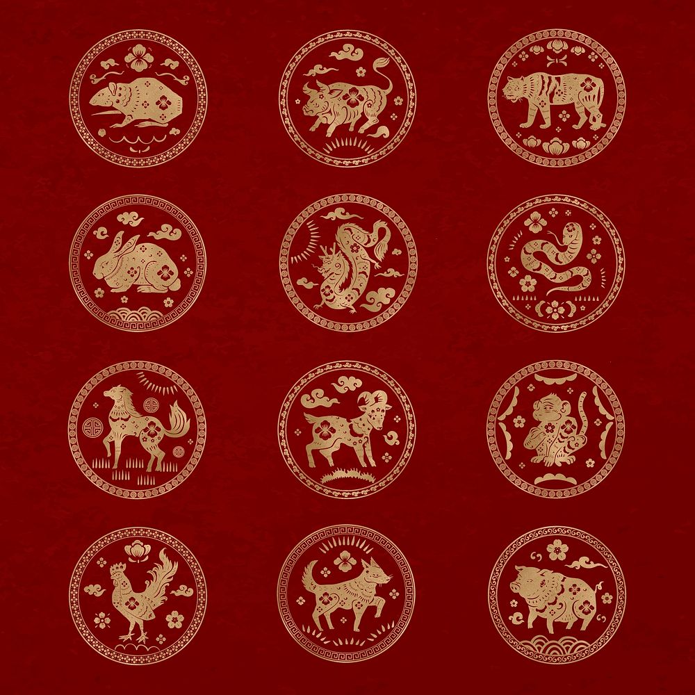 Chinese horoscope animals badges vector gold new year design element set