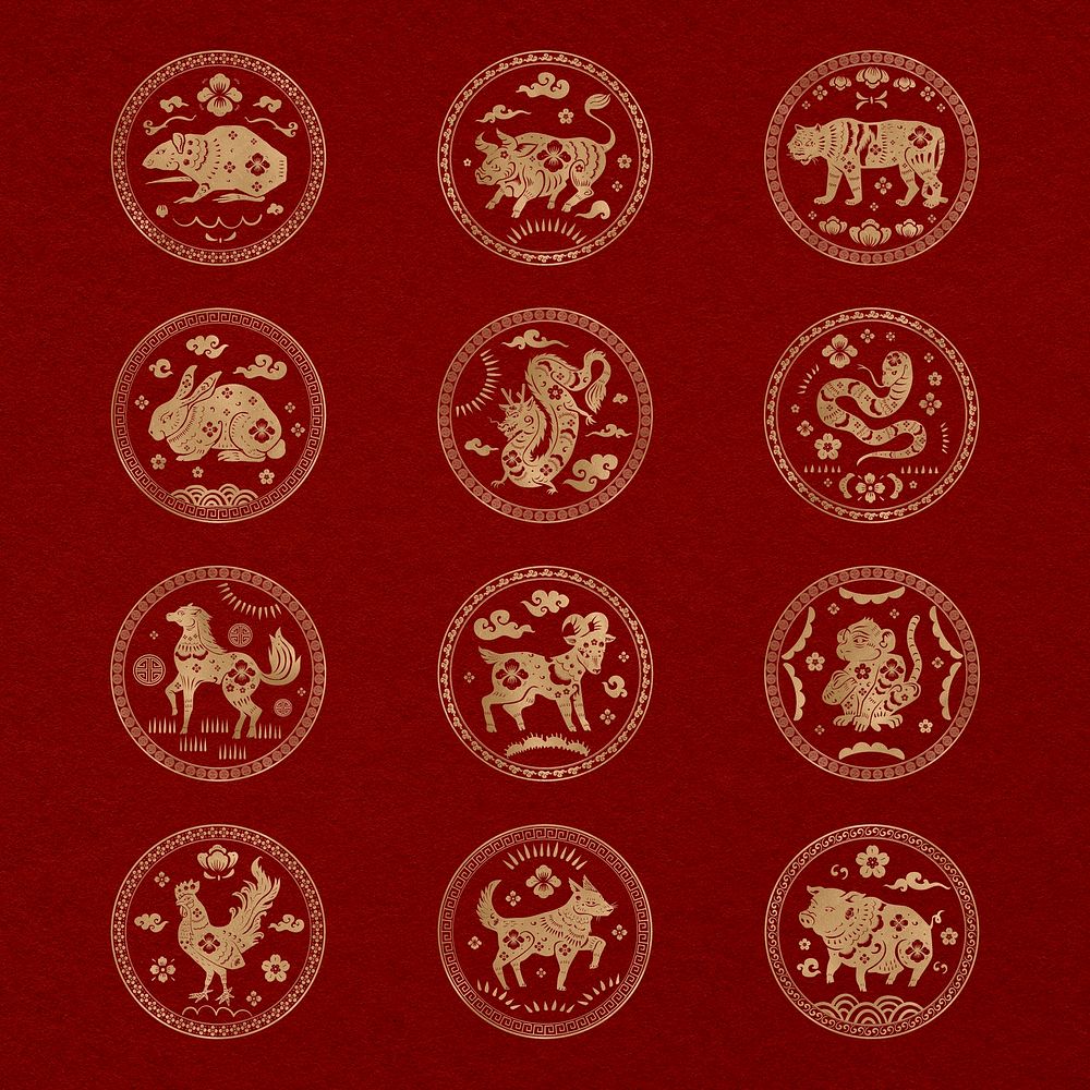 Chinese animal zodiac badges psd gold new year design element collection