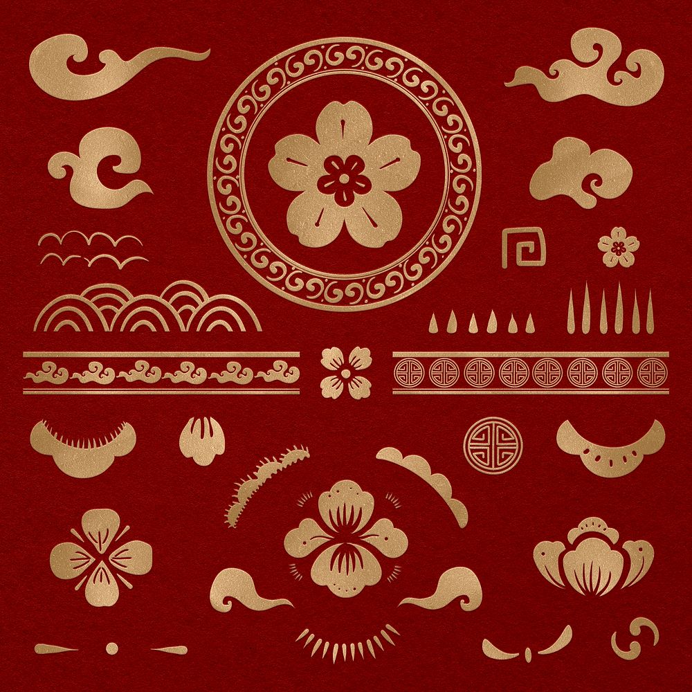 Chinese flowers gold psd  stickers set