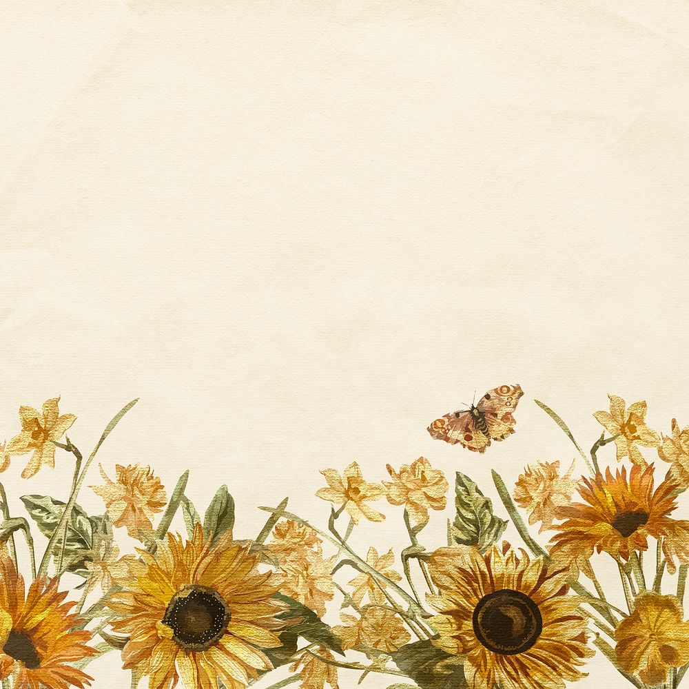 Floral yellow background with watercolor hand painted sunflower and butterfly
