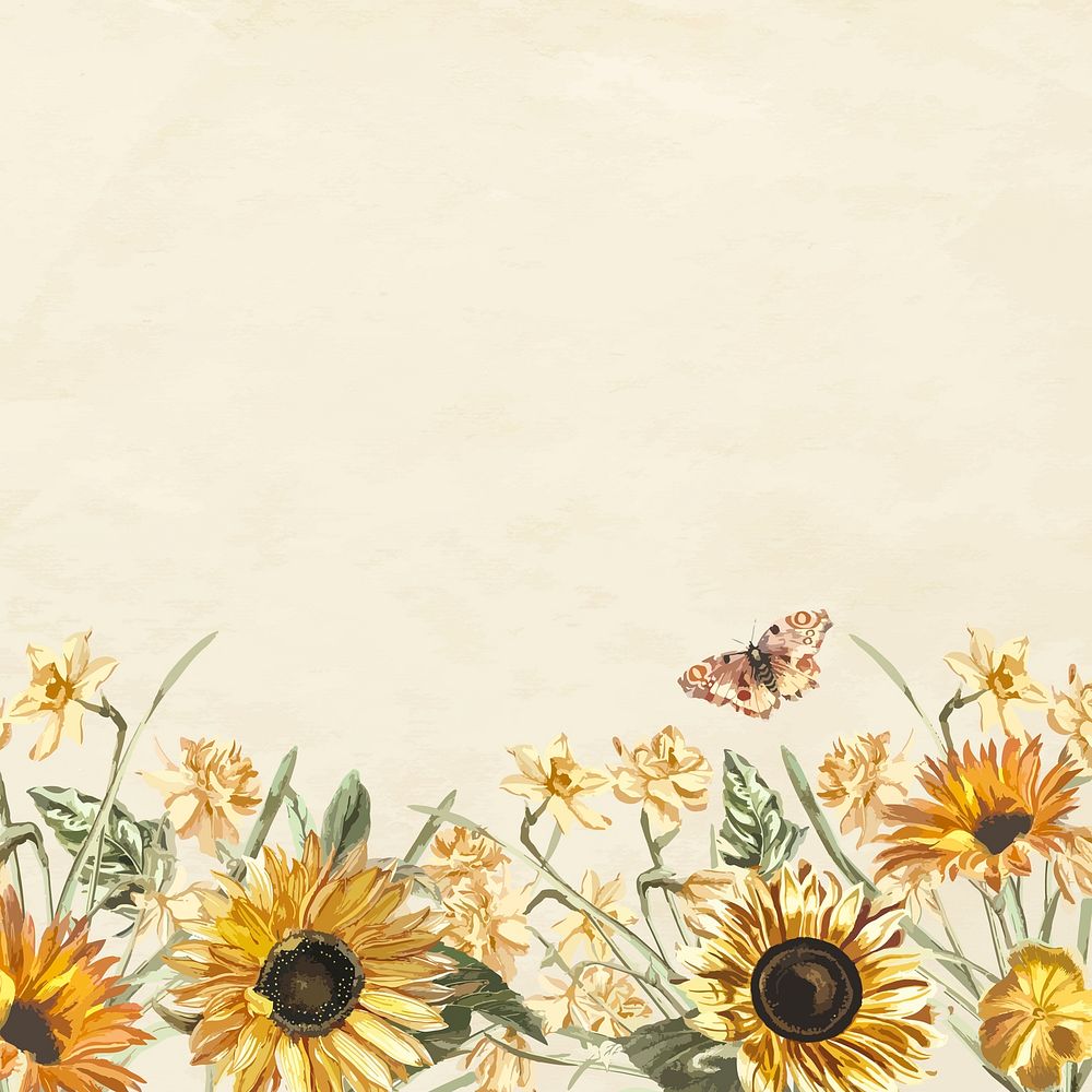 Floral background vector with watercolor sunflower and butterfly