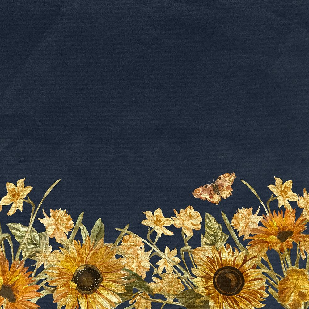 Floral navy blue background with watercolor hand painted sunflower and butterfly