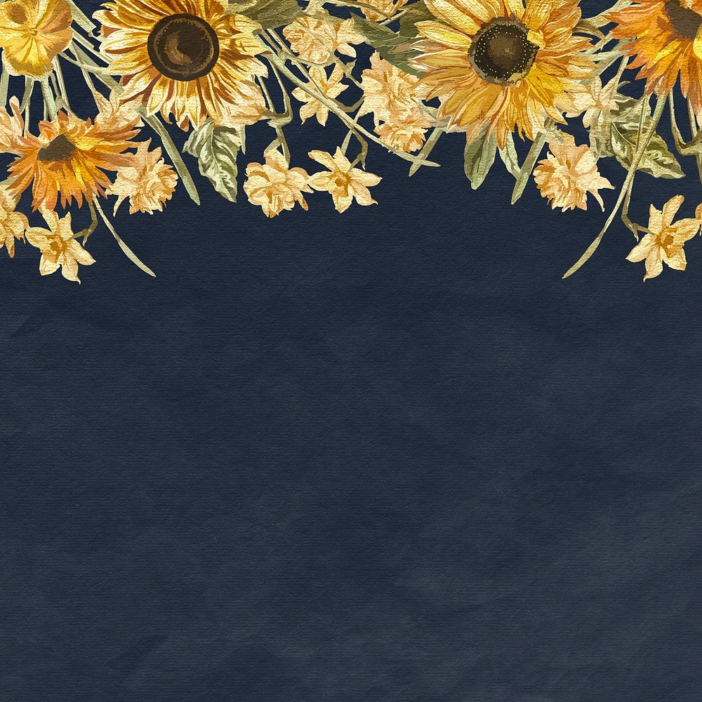 Floral navy blue background with watercolor hand painted sunflower