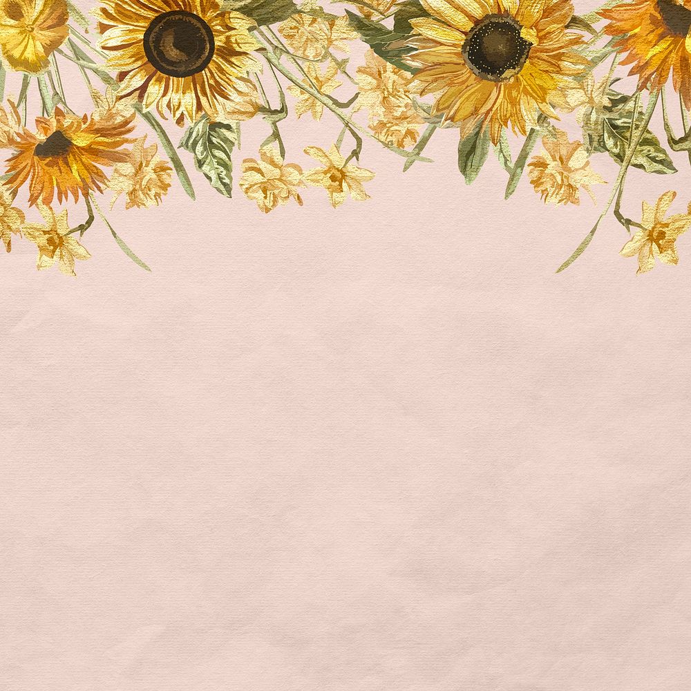 Floral pink background with watercolor hand painted sunflower