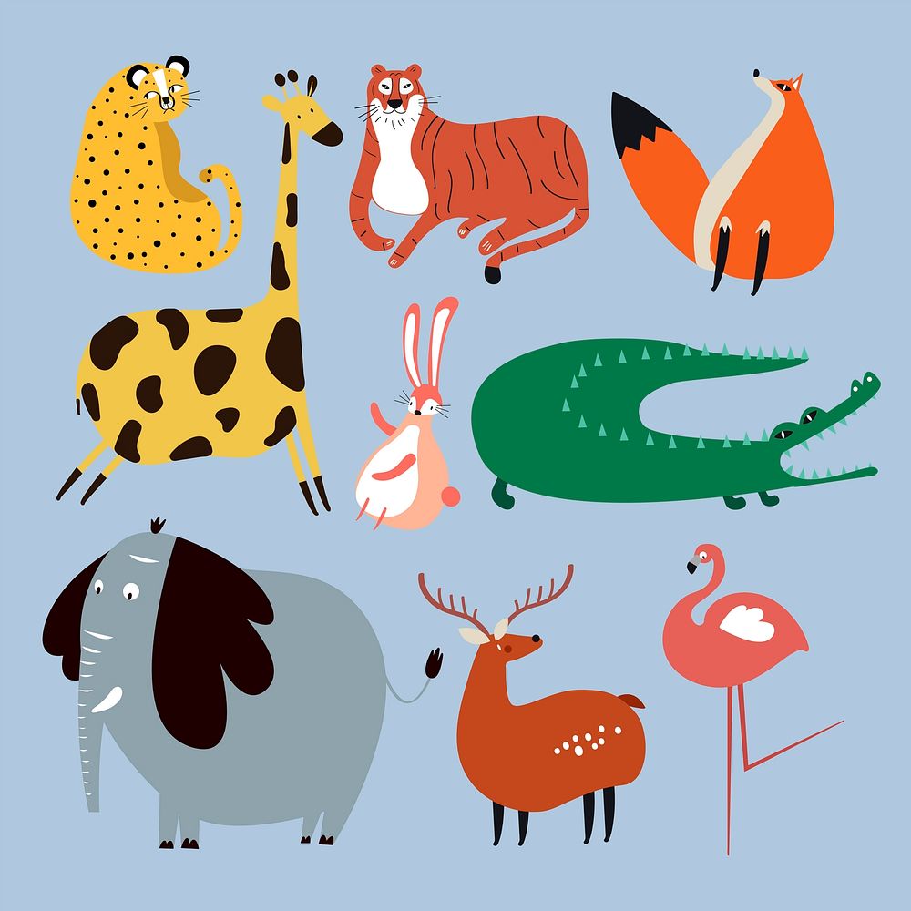 Colorful wildlife sticker vector cute cartoon for kids set