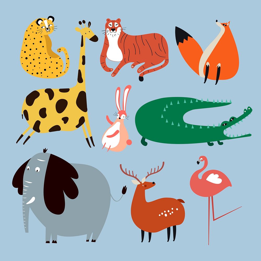 Colorful wildlife sticker psd cute cartoon for kids set