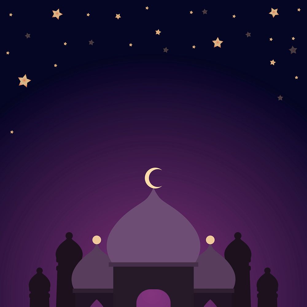 Purple mosque silhouette background psd Eid Mubarak and Ramadan Kareem illustration