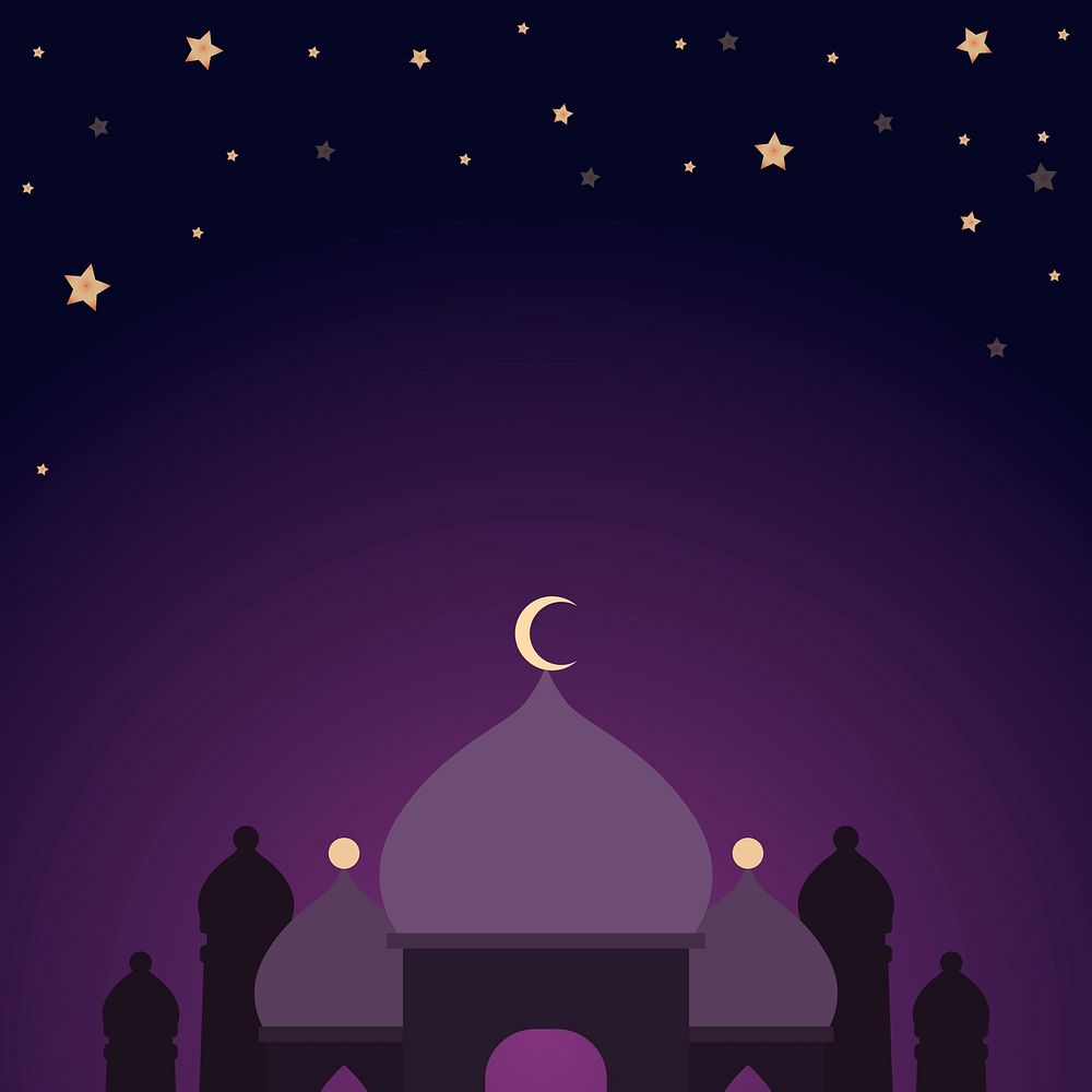 Purple mosque background with stars and crescent moon