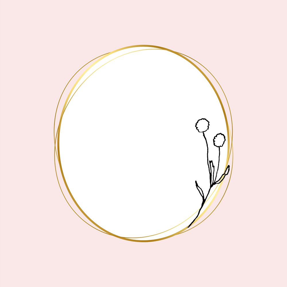 Gold round frame vector with simple flower drawing