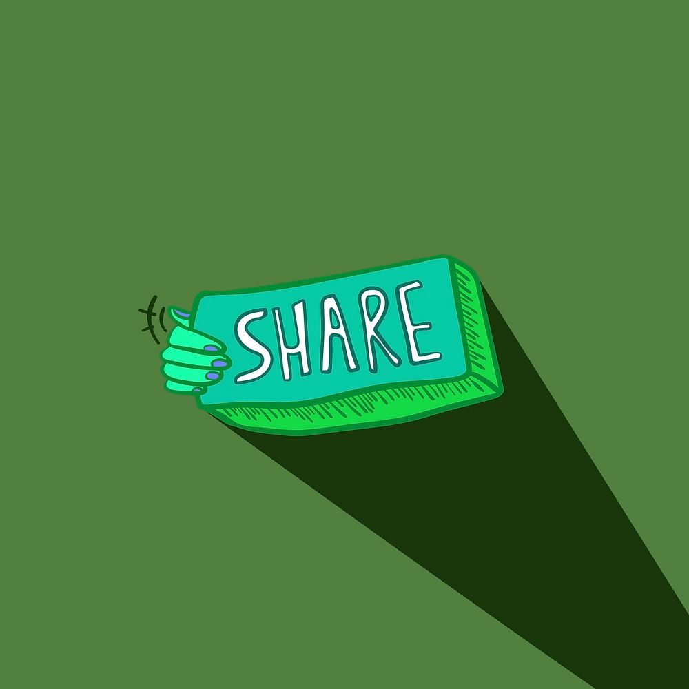 Green share button psd for social media campaign doodle illustration