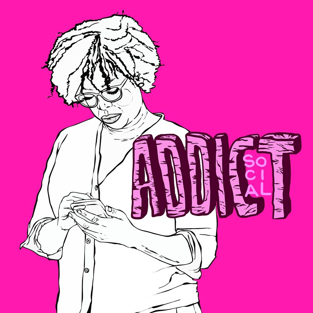 Social media addicted woman psd cartoon pink illustration