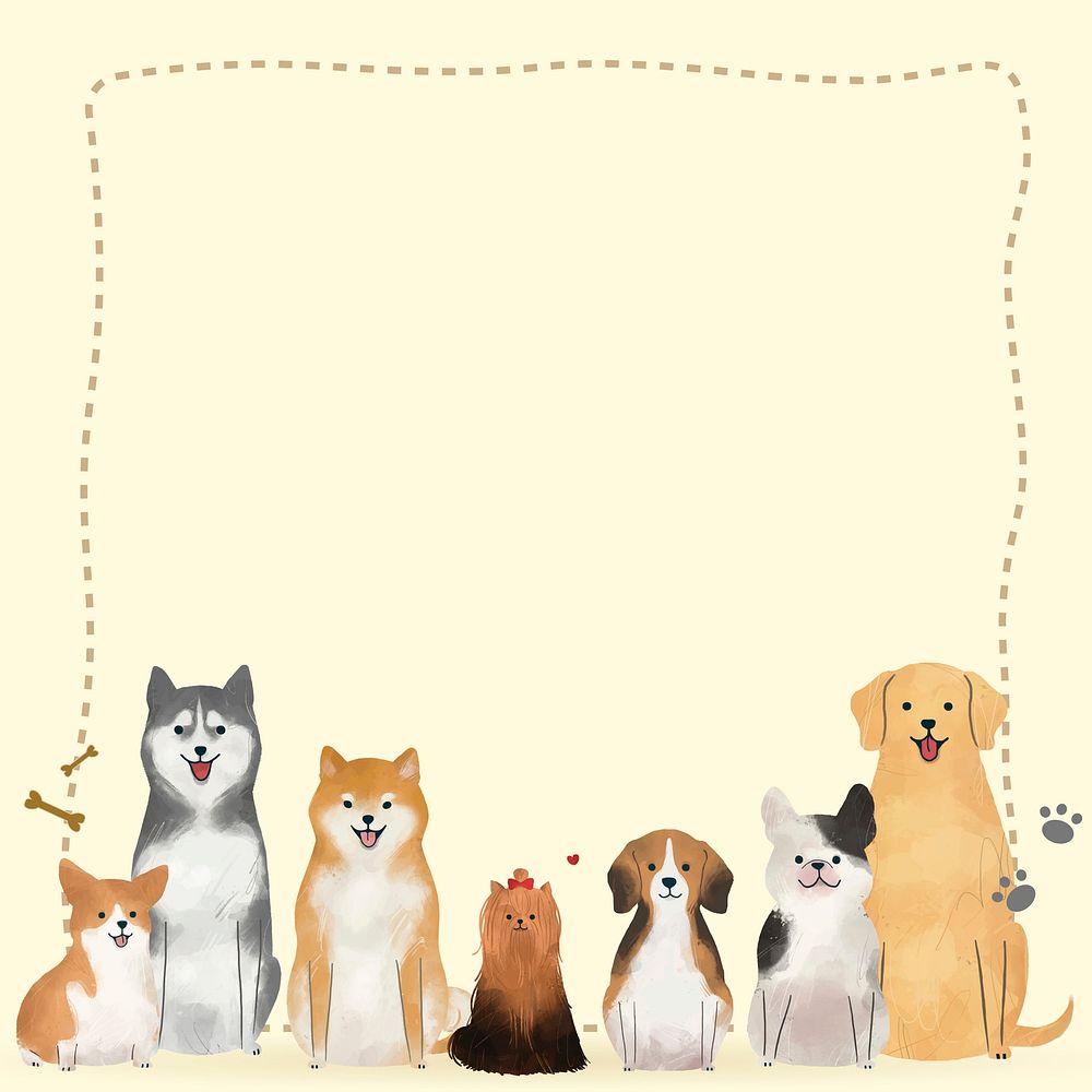 Frame with animals doodle vector on yellow background