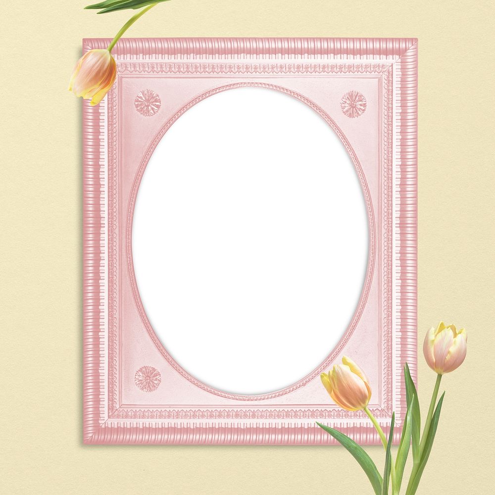 Picture frame mockup psd, pastel pink home decor with tulip flower