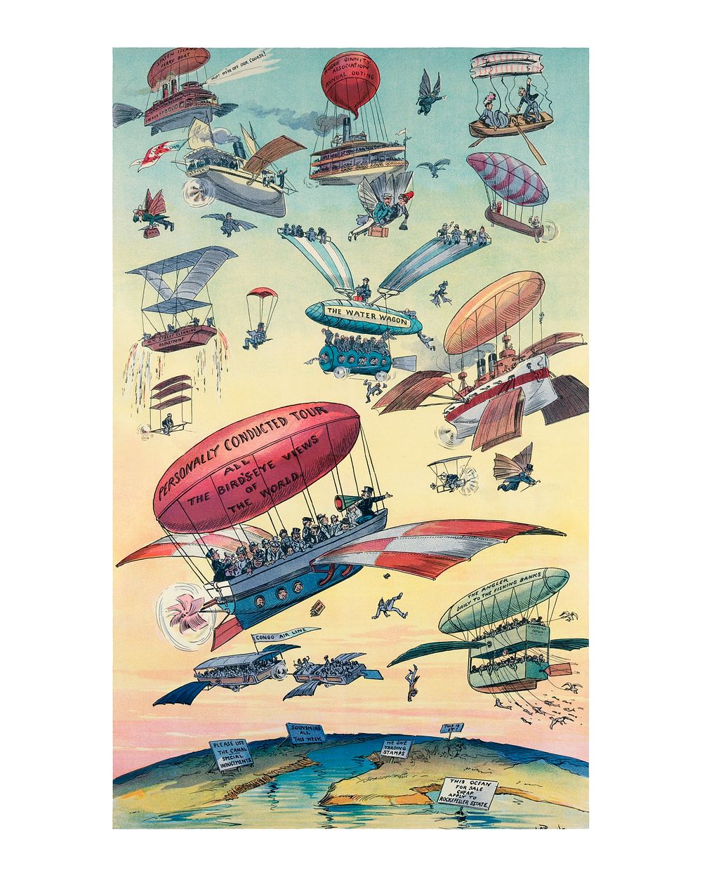 Balloons, flying boats art print, vintage Openings of the Panama Canals poster, remixed from the artwork of John. S Pughe