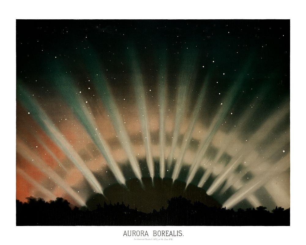 Trouvelot astrological painting, Aurora Borealis of the sun wall art decor