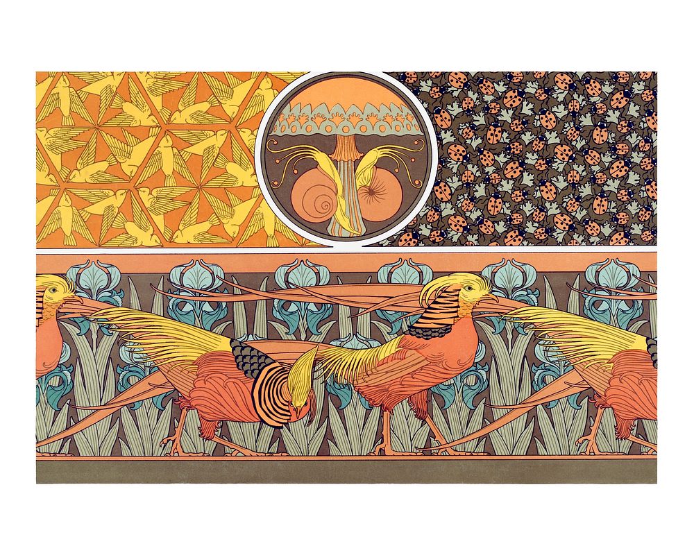 Birds, snails, and insects painting, remixed from the artwork of Maurice Pillard Verneuil