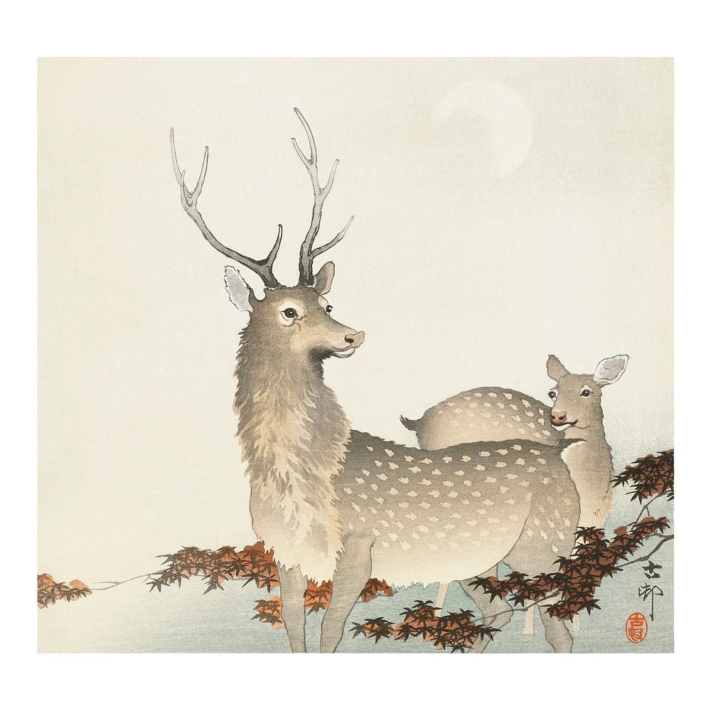 Ohara Koson deer woodblock print, couple of deer wall decor and painting