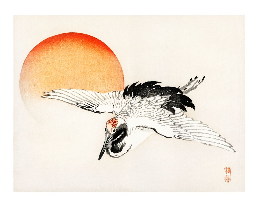 Flying crane art print, vintage illustration, remixed from the artwork of Kōno Bairei