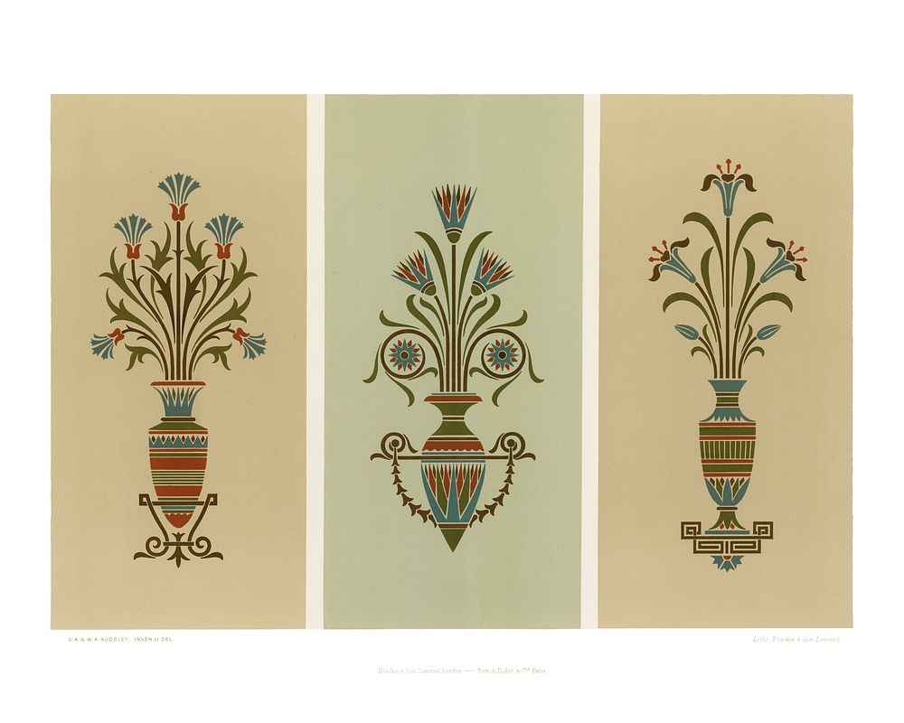 Floral pattern art print from The Practical Decorator and Ornamentist art print (1892) by G.A Audsley and M.A. Audsley.…