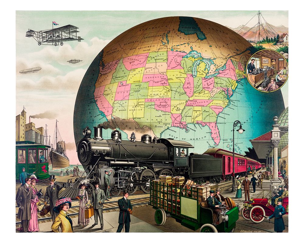 Twentieth Century Transportation poster, a chromolithograph by E.S Yate. Original from Library of Congress. Digitally…