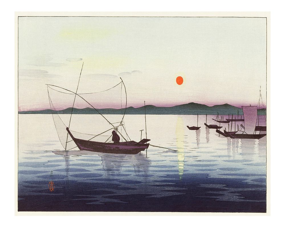 Ohara Koson poster, vintage Boats and setting sun wall decor (1900&ndash;1936). Original from The Rijksmuseum. Digitally…