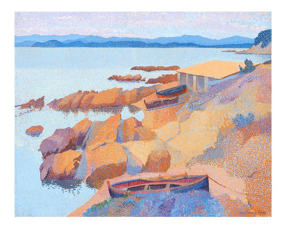 Henri-Edmond Cross poster, printable famous Calanque des Antibois painting (1896). Original from The Cleveland Museum of…