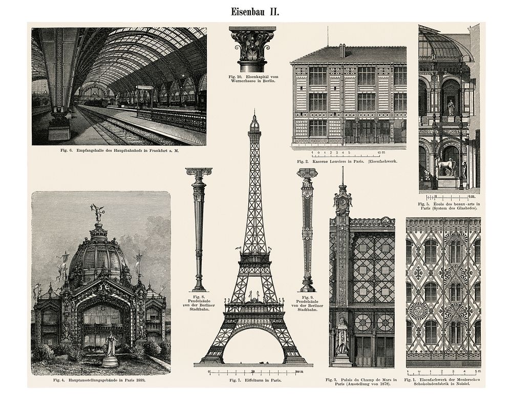 European Architecture art print (1894) a collection of iron made architectural designs, notably the Eiffel Tower. Digitally…