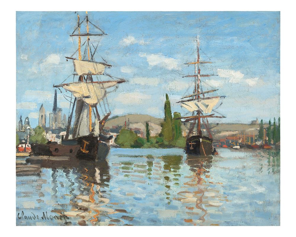 Claude Monet art print, Ships Riding on the Seine at Rouen painting (1872&ndash;1873). Original from the National Gallery of…