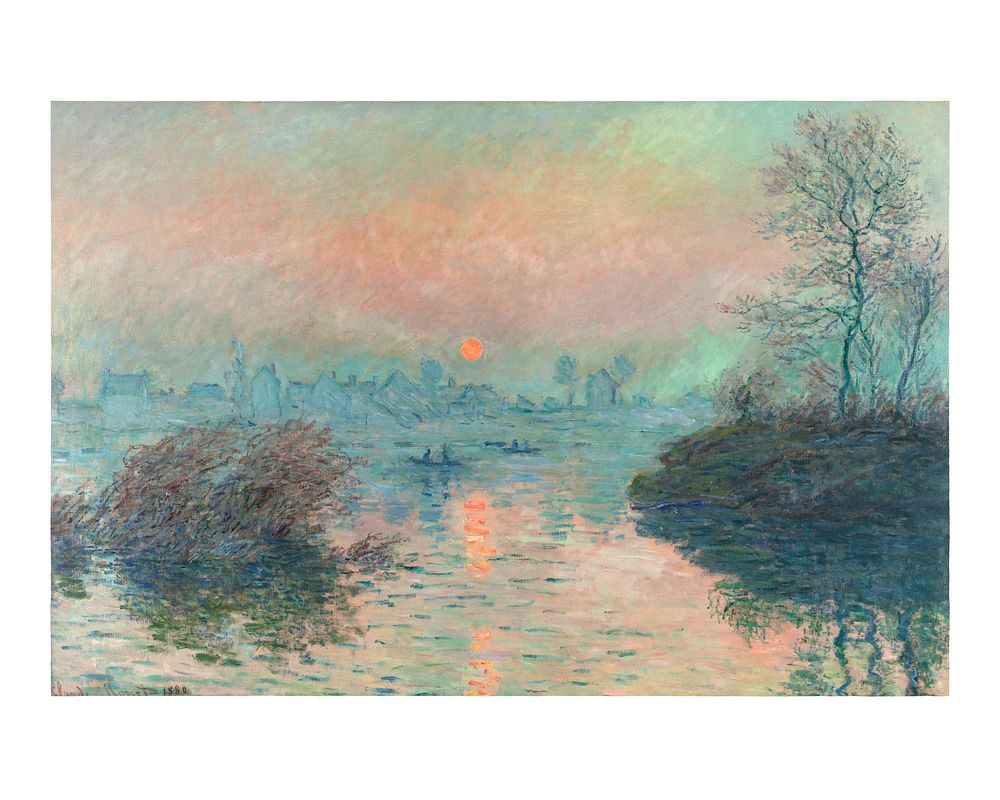 Claude Monet sunset poster, Sun setting on the Seine at Lavacourt painting (1880). Original from The Public Institution…