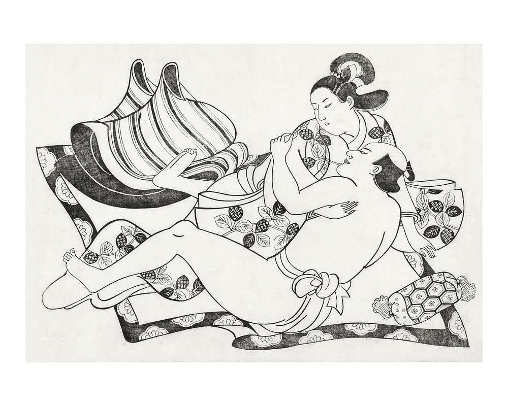 Vintage Japanese couple art print, remix from the artwork of Sugimura Jihei