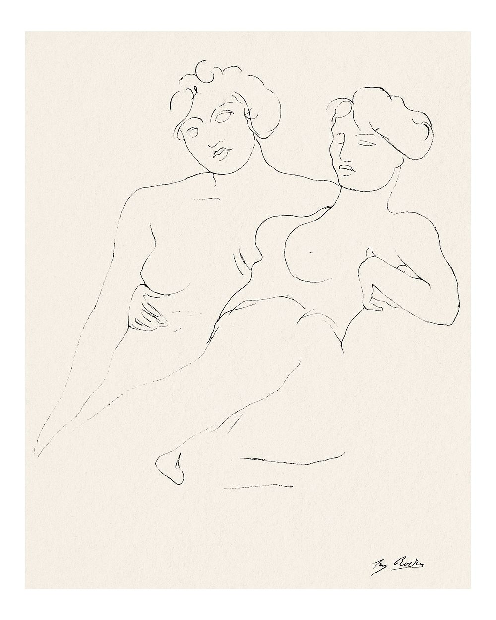 Auguste Rodin nude poster, vintage line art drawing