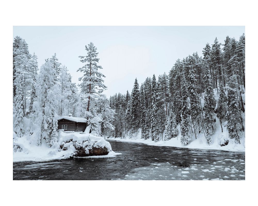 Winter art print poster, snowy hut by river wall decor