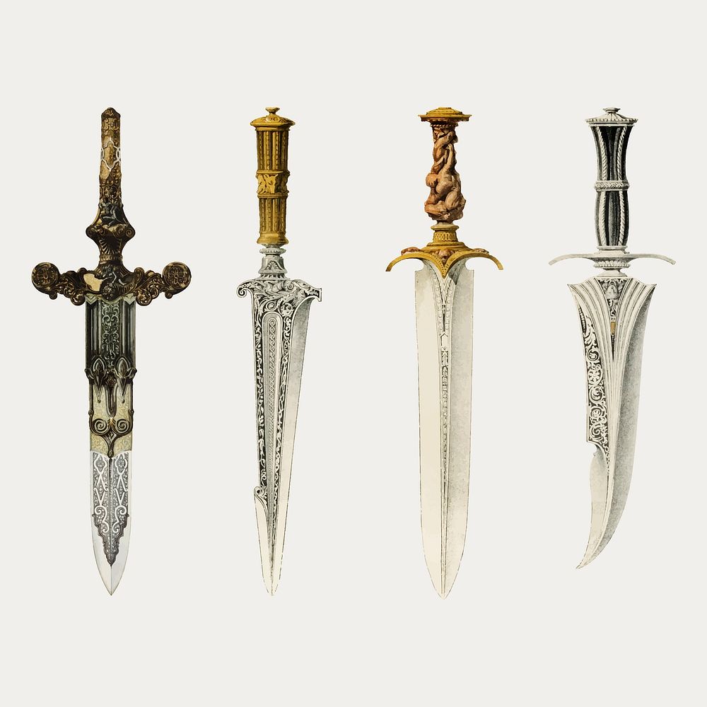 Ancient dagger sticker, melee weapon illustration vector set, remix from the artwork of Sir Matthew Digby Wyatt