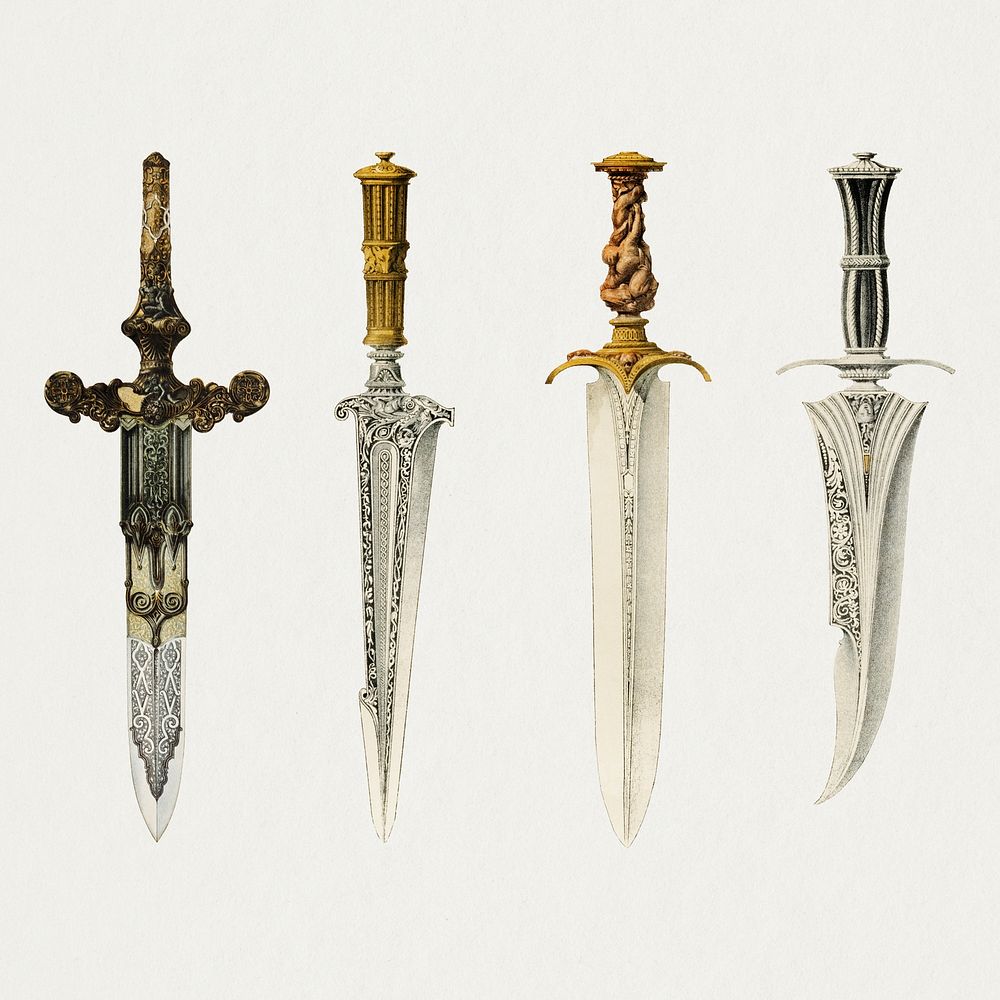 Ancient dagger sticker, melee weapon illustration psd set, remix from the artwork of Sir Matthew Digby Wyatt