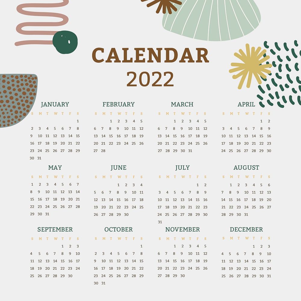 Aesthetic 2022 monthly calendar, floral memphis design