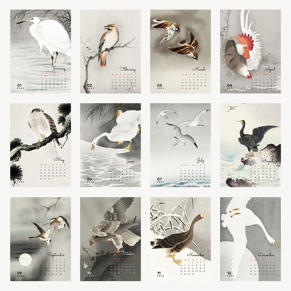 Bird 2022 monthly calendar template, vintage Japanese design vector set. Remix from vintage artwork by Ohara Koson.