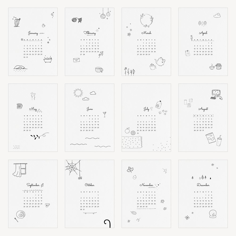 2022 monthly calendar template psd, doodle illustrations set