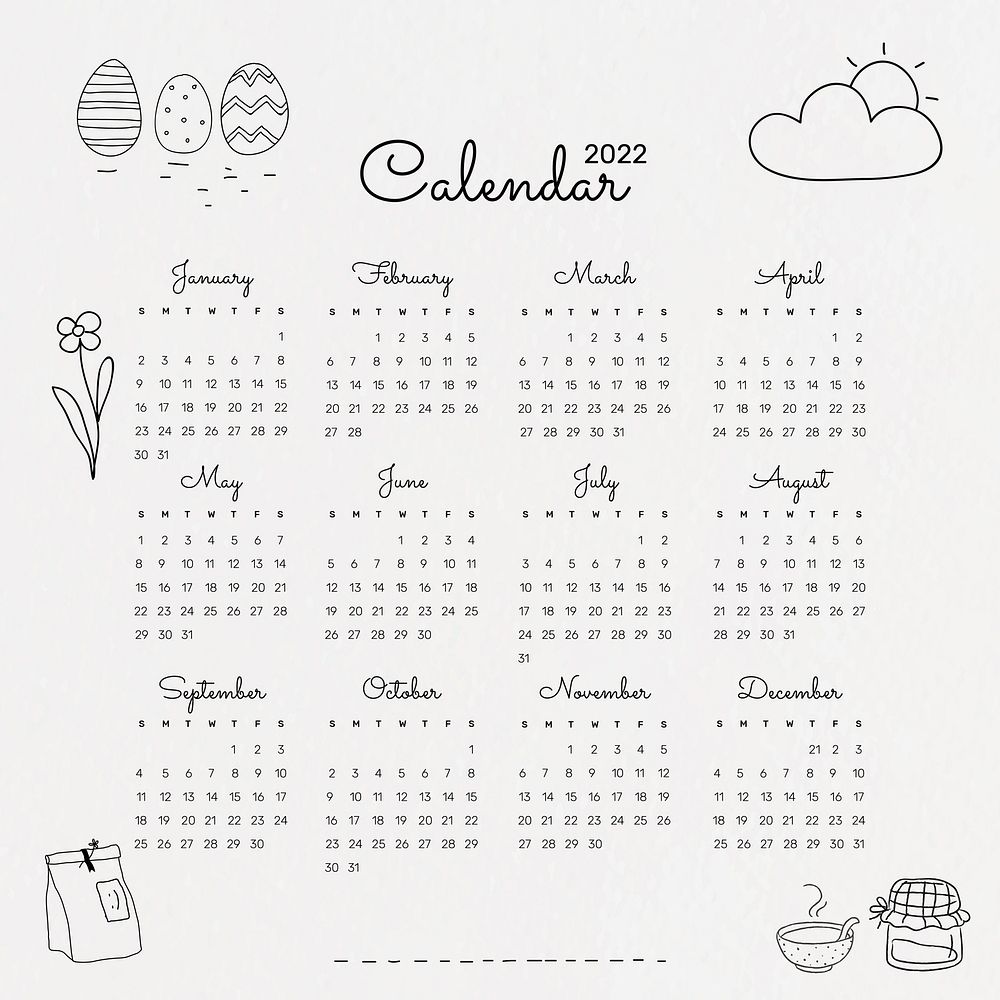 Cute 2022 monthly calendar template, minimal doodle illustration vector