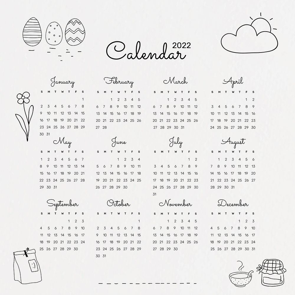Cute 2022 monthly calendar, minimal doodle illustration