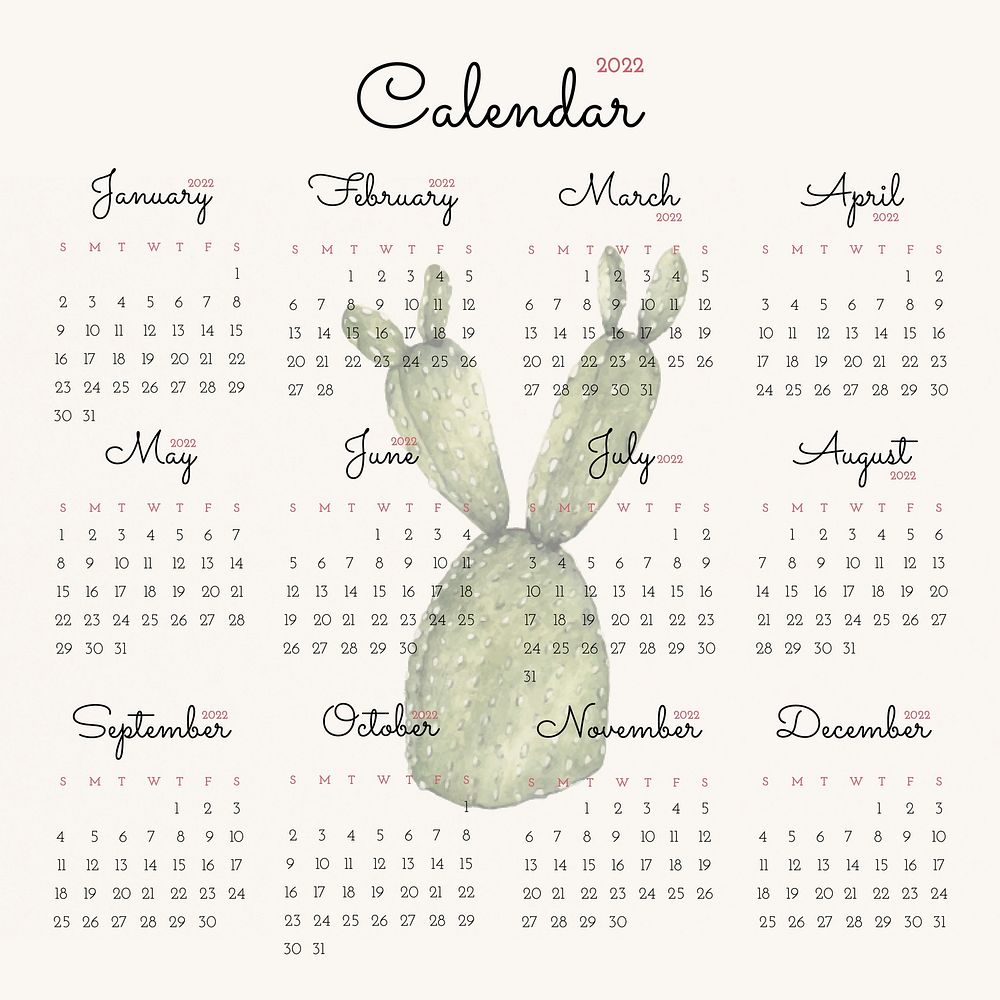 Cactus 2022 monthly calendar template, watercolor illustration vector