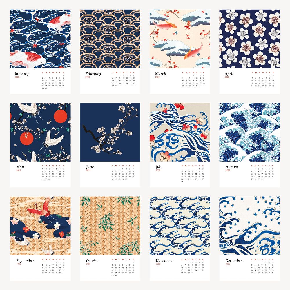 Japanese 2022 monthly calendar template, vintage pattern vector set. Remix from vintage artworks by Watanabe Seitei.