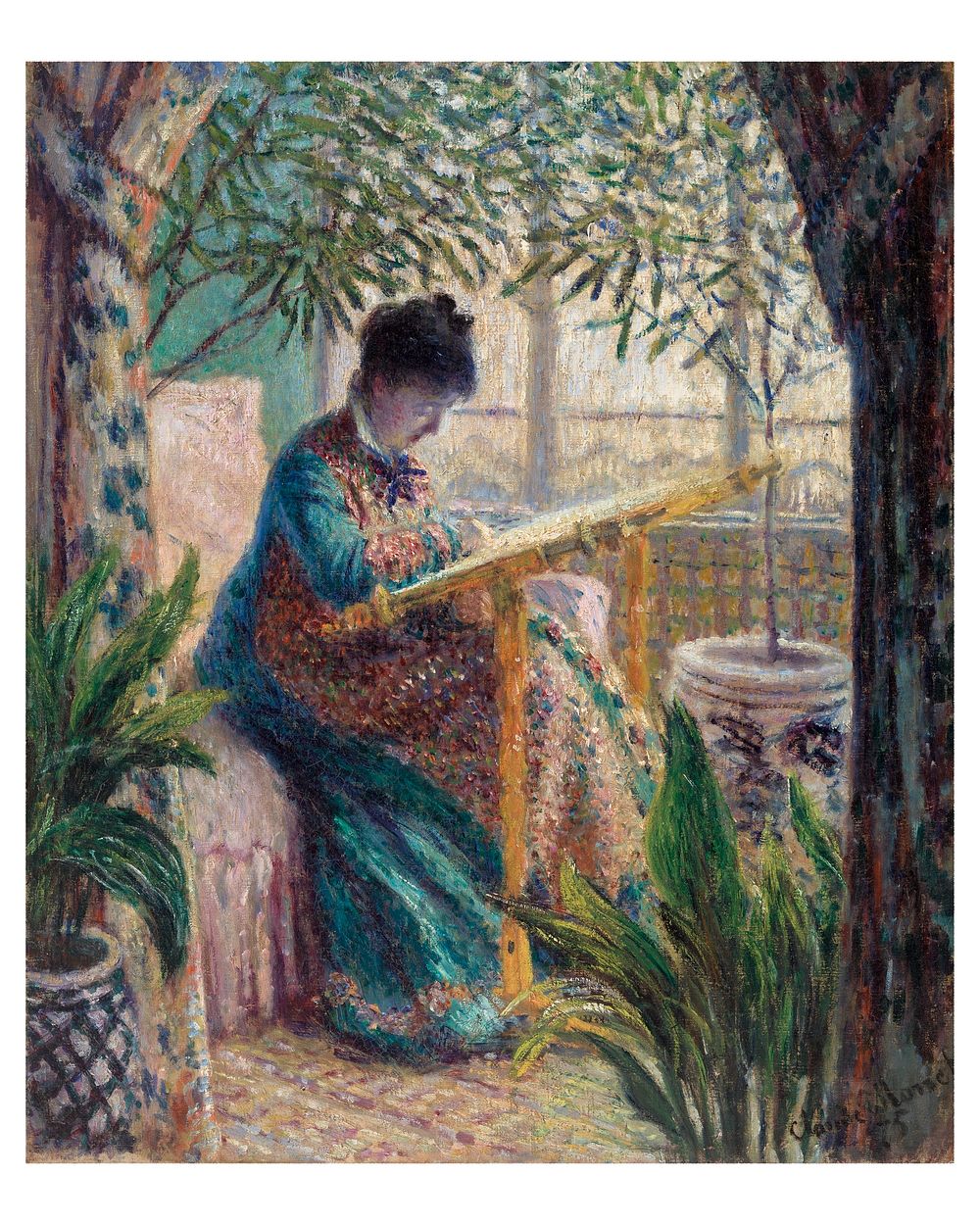Monet art print, famous vintage painting of Madame Monet embroidering