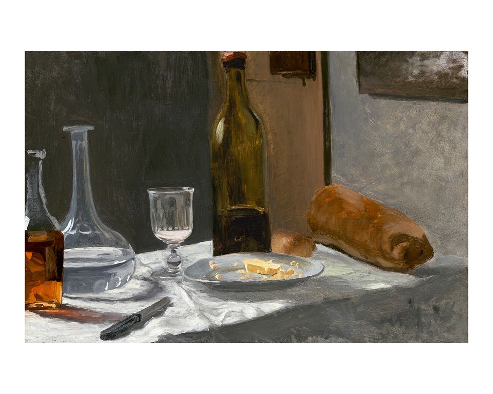 Monet art print, food still life, Bottle, Carafe, Bread, and Wine