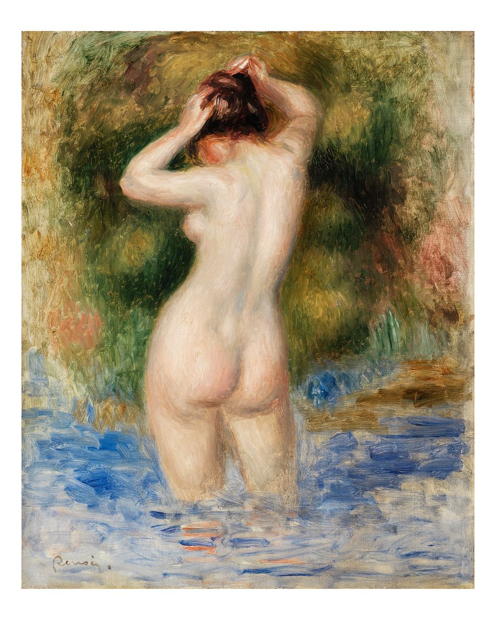 Renoir nude art print, vintage portrait painting, woman bathing in a river